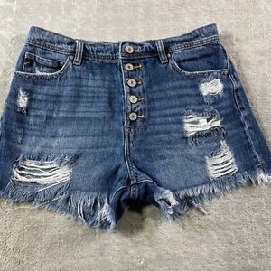 Kancan Jean Shorts Womens 29 Distressed Frayed Hem High Rise Button Fly Denim